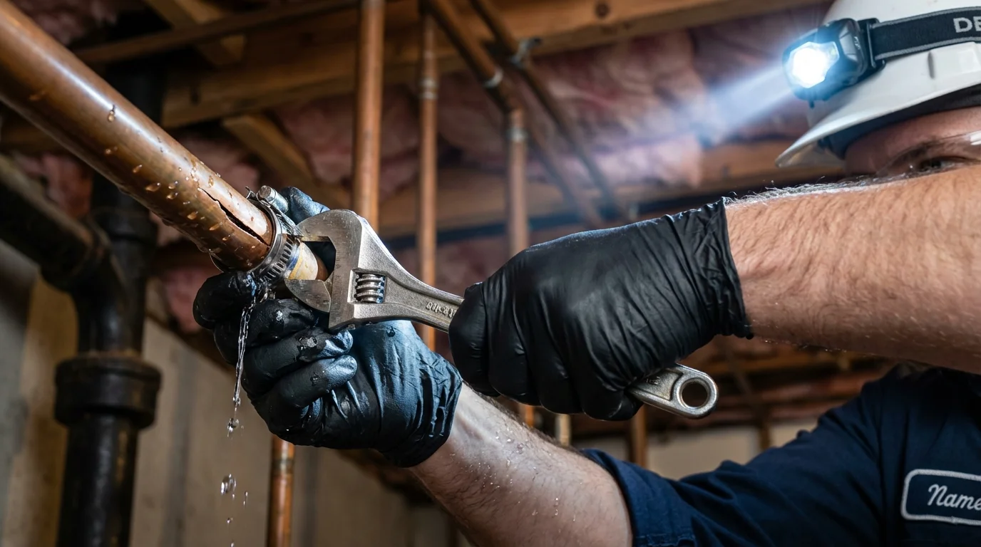 Emergency pipe clamp repair being performed by a Johns Plumbing LLC plumber in Ledbetter