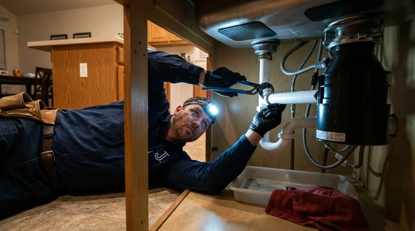 P-trap and supply line connections under a kitchen sink showing a common leak point in Ledbetter, KY